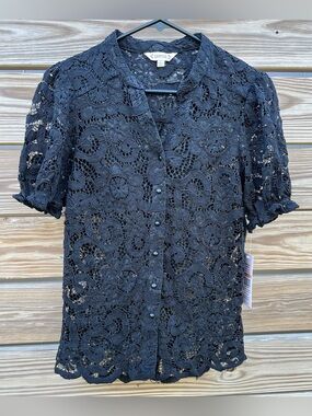 NWT Nanette Lepore Black Crochet Lace Button Up Short Sleeve Blouse Women’s SZ S